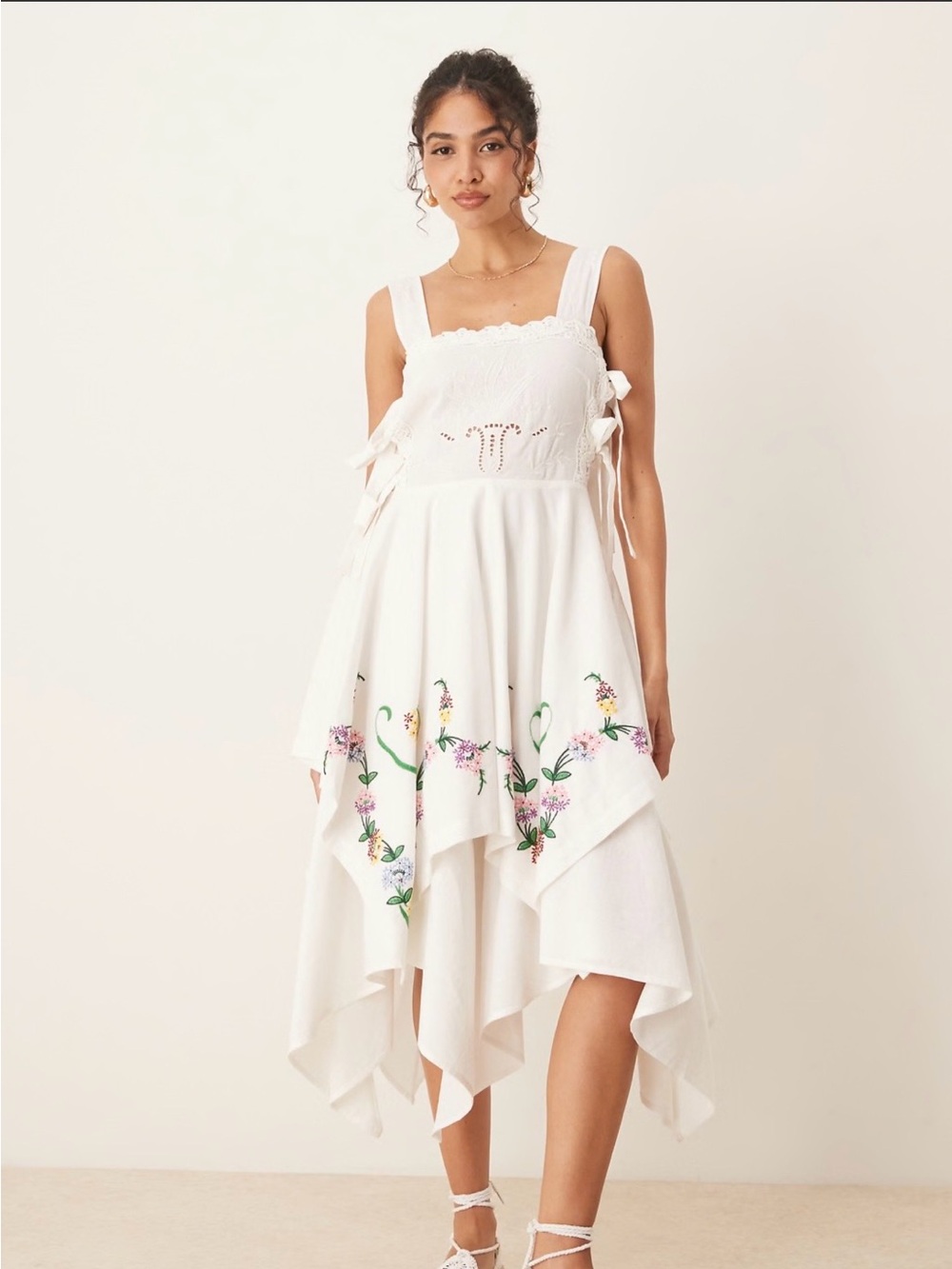 ASOS White Handkerchief Hem Sundress with Floral Embroidery